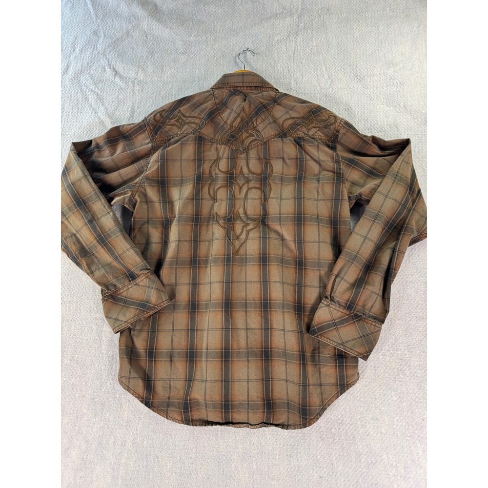 Rock 47 by Wrangler Mens Brown Plaid Western Snap Embroidered Shirt Large - Picture 3 of 7